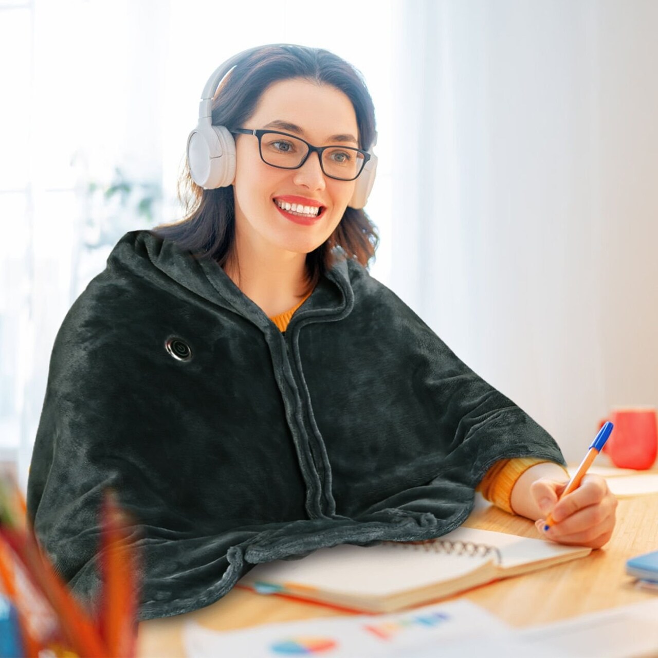 Edge Collections - Gray - USB Heated Blanket Electric Heated Poncho Shawl Wrap with Zipper - 1 Piece